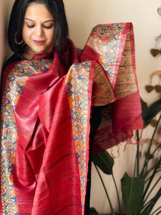 Red Handpainted Madhubani Dupatta in Pure Tussar Silk