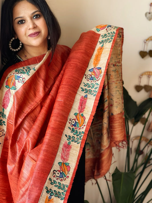 Orange Handpainted Madhubani Dupatta in Pure Tussar Silk