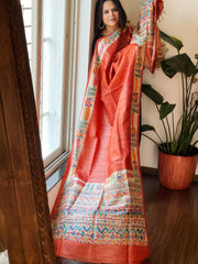 Orange Handpainted Madhubani Dupatta in Pure Tussar Silk