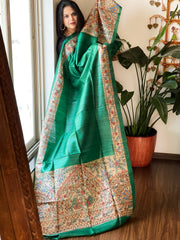 Green Handpainted Madhubani Dupatta in Pure Tussar Silk