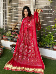 Printed Bandhej Dupatta with Leather Gotapatti Work
