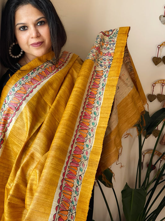 Yellow Handpainted Madhubani Dupatta in Pure Tussar Silk