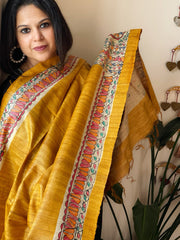 Yellow Handpainted Madhubani Dupatta in Pure Tussar Silk
