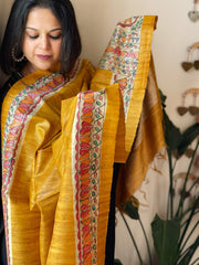 Yellow Handpainted Madhubani Dupatta in Pure Tussar Silk