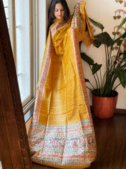 Yellow Handpainted Madhubani Dupatta in Pure Tussar Silk
