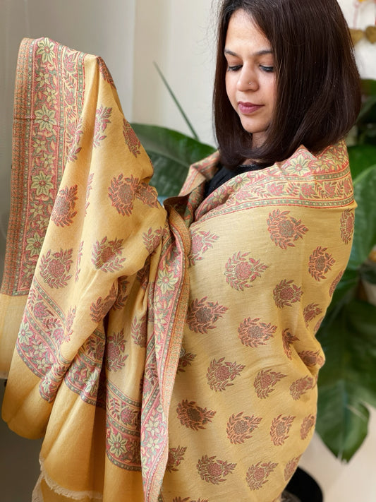 Mustard Woven Pashmina Shawl with Kaani Butas