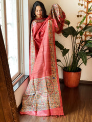 Red Handpainted Madhubani Dupatta in Pure Tussar Silk