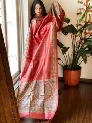 Red Handpainted Madhubani Dupatta in Pure Tussar Silk