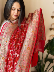 Red Rai Bandhej Dupatta with Meenakari Jaal design in Georgette