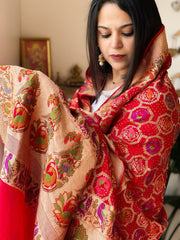 Red Rai Bandhej Dupatta with Meenakari Jaal design in Georgette