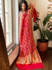Red Rai Bandhej Dupatta with Meenakari Jaal design in Georgette