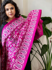 Pink Handmade Nakshi Kantha Dupatta in Pure Silk