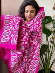 Pink Handmade Nakshi Kantha Dupatta in Pure Silk