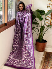 Purple Handmade Nakshi Kantha Dupatta in Pure Silk