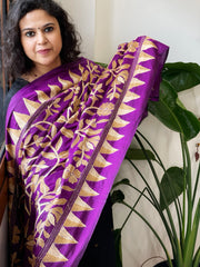 Purple Handmade Nakshi Kantha Dupatta in Pure Silk