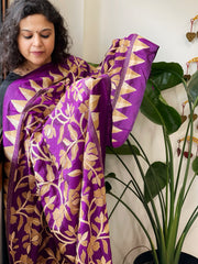 Purple Handmade Nakshi Kantha Dupatta in Pure Silk