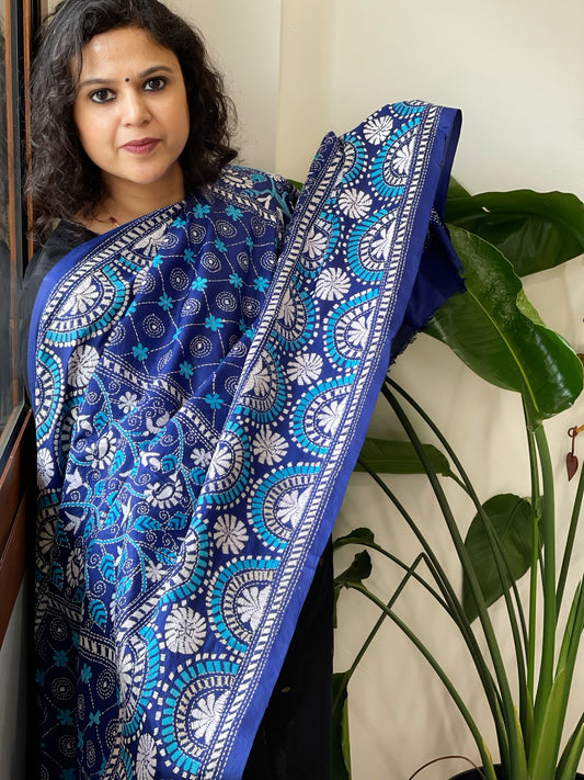 Blue Handmade Nakshi Kantha Dupatta in Pure Silk