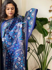 Blue Handmade Nakshi Kantha Dupatta in Pure Silk