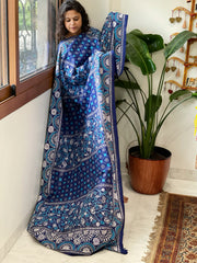 Blue Handmade Nakshi Kantha Dupatta in Pure Silk