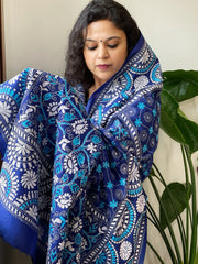 Blue Handmade Nakshi Kantha Dupatta in Pure Silk