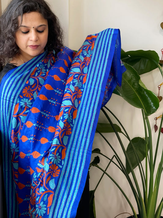 Blue Handmade Nakshi Kantha Dupatta in Pure Silk