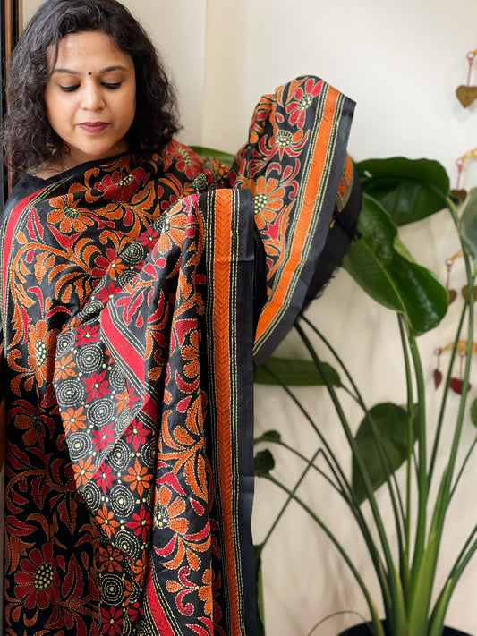 Black Handmade Nakshi Kantha Dupatta in Pure Silk