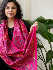 Pink Handmade Reverse Nakshi Kantha Stole in Pure Silk