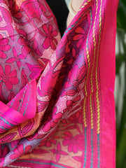 Pink Handmade Reverse Nakshi Kantha Stole in Pure Silk
