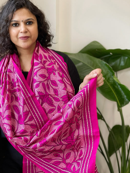 Pink Handmade Reverse Nakshi Kantha Stole in Pure Silk