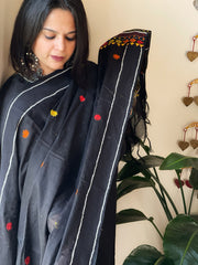 Black Lambani Handwork Dupatta with Self in Pure Handwoven Cotton