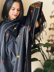 Black Lambani Handwork Dupatta with Self in Pure Handwoven Cotton