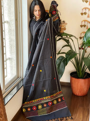 Black Lambani Handwork Dupatta with Self in Pure Handwoven Cotton
