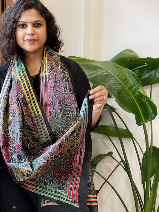 Black Handmade Reverse Nakshi Kantha Stole in Pure Silk