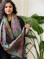 Black Handmade Reverse Nakshi Kantha Stole in Pure Silk