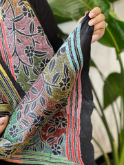 Black Handmade Reverse Nakshi Kantha Stole in Pure Silk