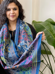 Midnight Blue Handmade Reverse Nakshi Kantha Stole in Pure Silk