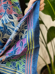 Midnight Blue Handmade Reverse Nakshi Kantha Stole in Pure Silk