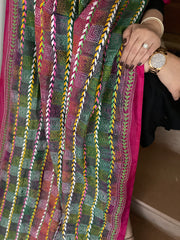 Green, Pink Handmade Kantha Dupatta in Silk
