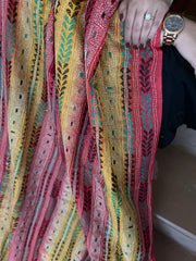 Yellow, Red Handmade Kantha Dupatta in Silk