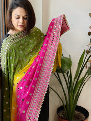Pink, Yellow, Green Crepe Dupatta with Mirror and Cut Daana Work with Gota Lace Border