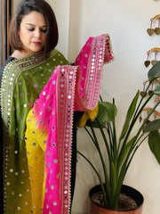 Pink, Yellow, Green Crepe Dupatta with Mirror and Cut Daana Work with Gota Lace Border