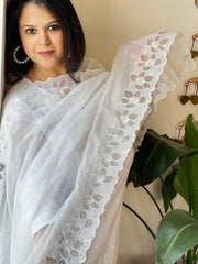 White Kota Cotton Dupatta with Cut Work
