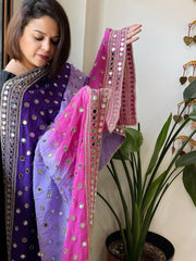 Pink, Purple, Lavender Crepe Dupatta with Mirror and Cut Daana Work with Gota Lace Border