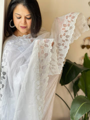 White Kota Cotton Dupatta with Cut Work