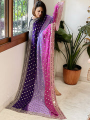Pink, Purple, Lavender Crepe Dupatta with Mirror and Cut Daana Work with Gota Lace Border