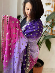 Pink, Purple, Lavender Crepe Dupatta with Mirror and Cut Daana Work with Gota Lace Border