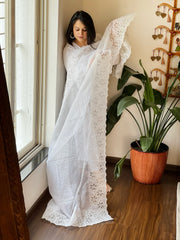 White Kota Cotton Dupatta with Cut Work