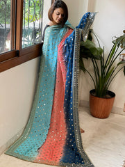 Teal, Peach, Sky Crepe Dupatta with Mirror and Cut Daana Work with Gota Lace Border