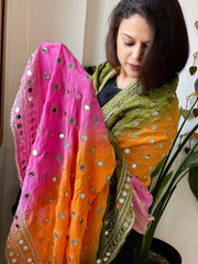 Pink, Orange, Green Crepe Dupatta with Mirror and Cut Daana Work with Gota Lace Border