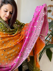 Pink, Orange, Green Crepe Dupatta with Mirror and Cut Daana Work with Gota Lace Border